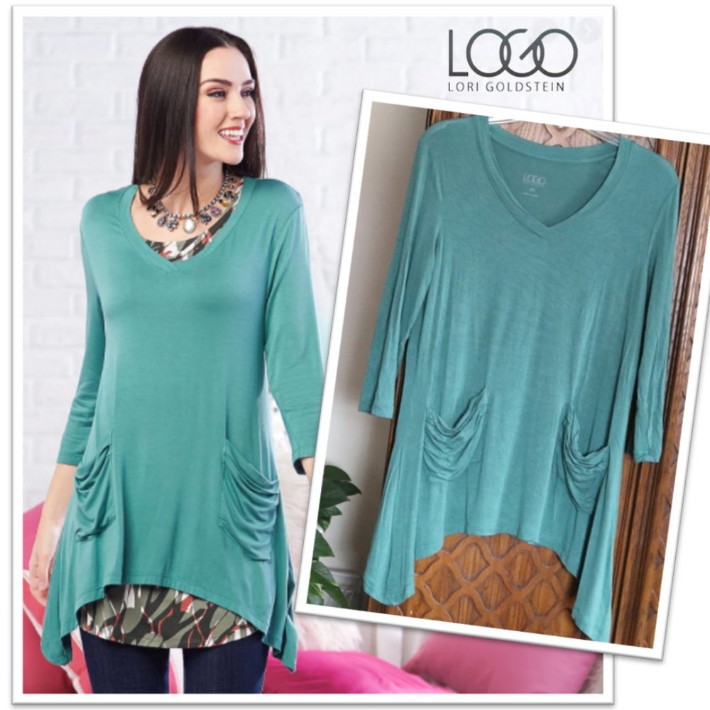 LOGO Lagenlook Hi-Low V-neck Tunic Tee with Pocket NWOT! - Green, Size XS